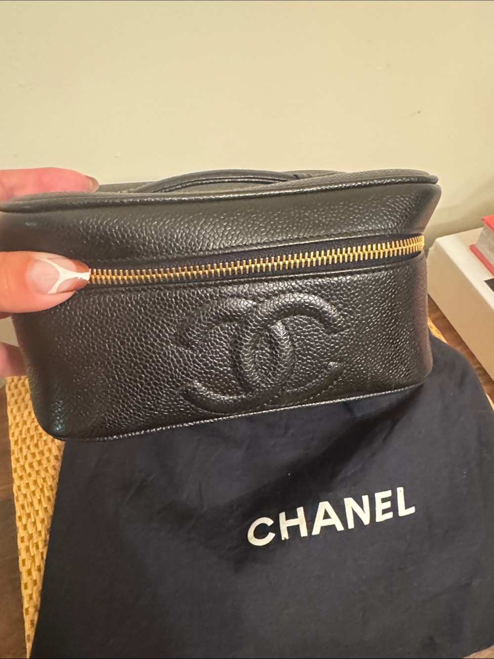 CHANEL Black Quilted Caviar Leather Toiletry Case with Gold Zip
